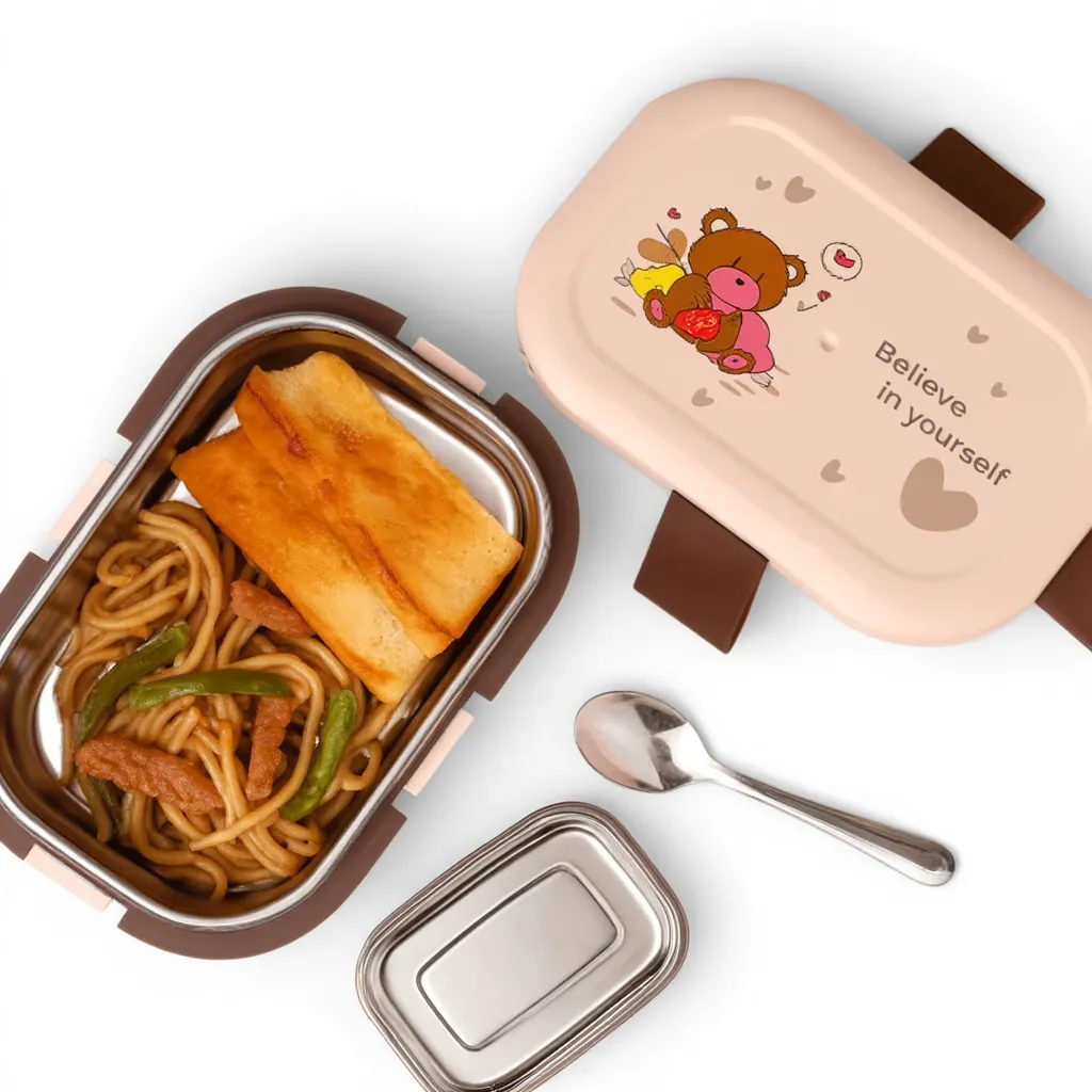 1-Compartment Bento Lunch Box with Spoon – Leakproof Stainless Steel Food Container (Random Design – Pack of 1)