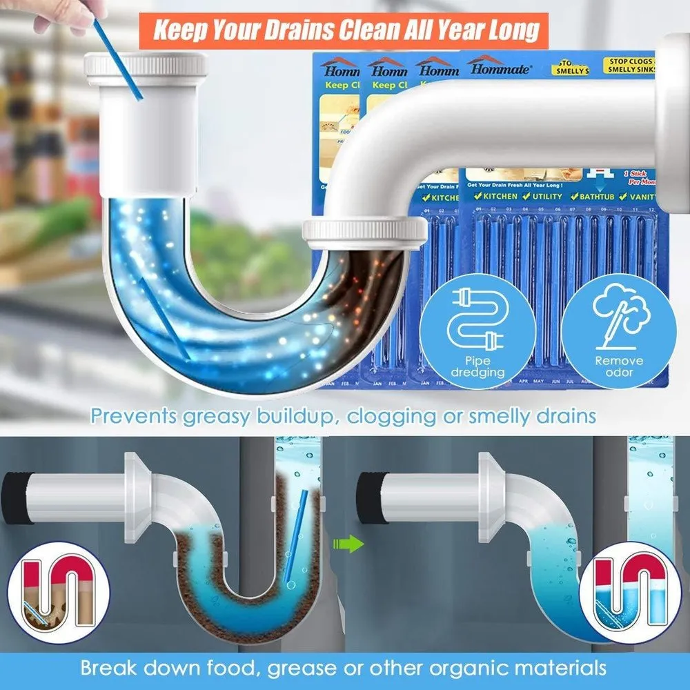 12 Pcs Sani Sticks Drain Cleaner & Odor Remover