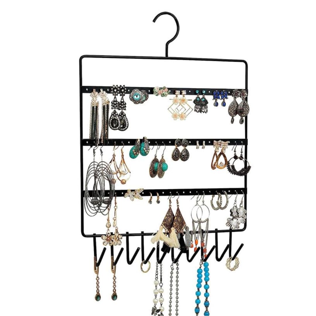Metal Jewellery Display Stand – 10 Hanging Hooks & 57 Earring Holes, Multicolor Organizer