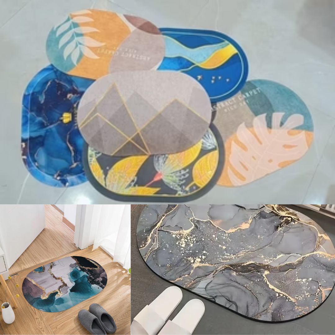 Water Absorbent Bathroom Door Mat – Non-Slip Quick-Dry Oval Rug, Heavy-Duty, Washable (Random Print) (Pack of 1)