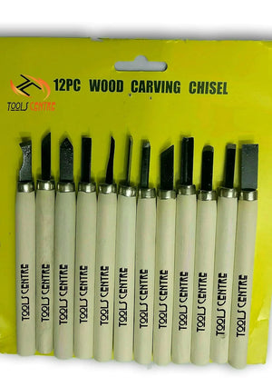 Set of 12 metal wood carving chisels with beige handles arranged on a yellow backing. Each tool has a different-shaped metal tip, ideal for home improvement projects and various carving techniques. Packaging labeled 12PC Wood Carving Chisel and Tools Centre.