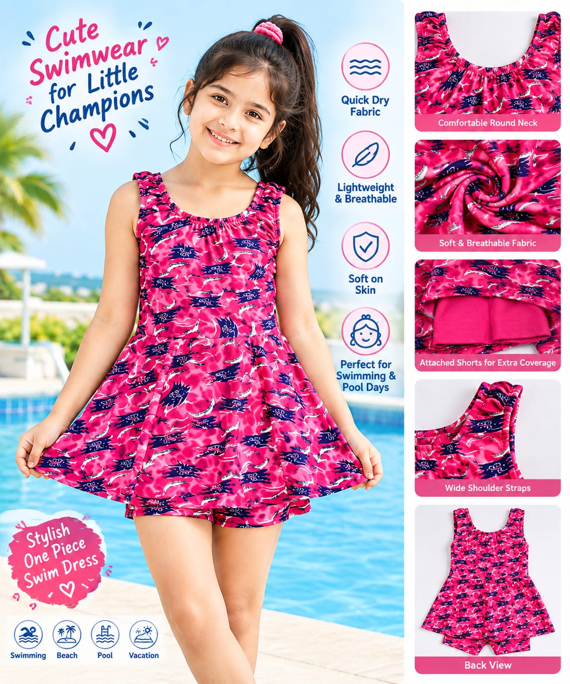 Girls Teal Printed One-Piece Swim Dress with Attached Shorts (Random Color and Print)