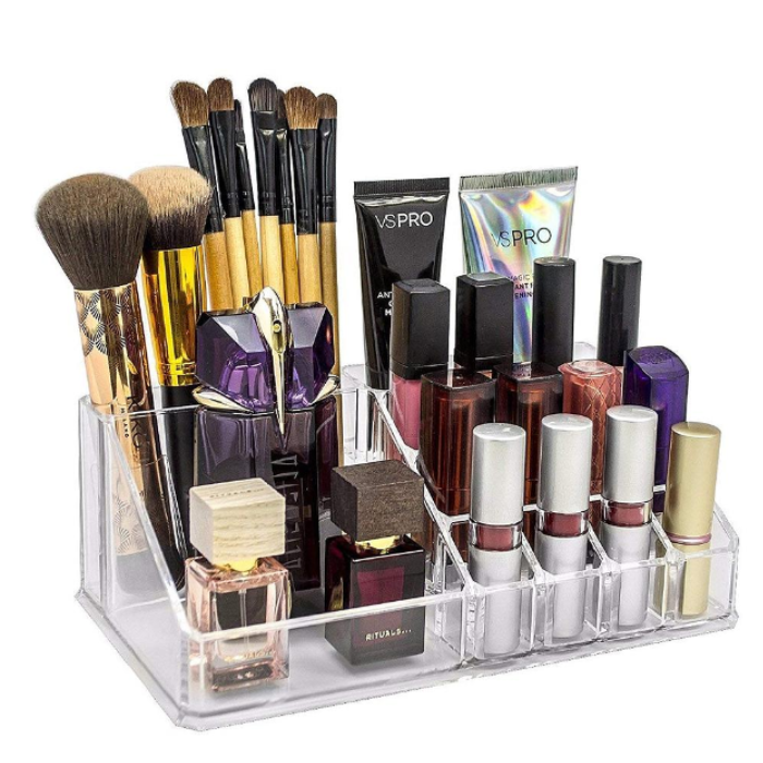 16 Cavity Cosmetic Organiser – Transparent Plastic Makeup Organizer Box with 16 Compartments for Jewellery, Lipstick, Nail Paint & Accessories (Pack of 1)