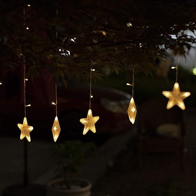 16-Star LED Curtain String Lights – Warm White Hanging Star Fairy Lights for Bedroom, Living Room, Window, or Holiday Decor – USB Powered with 8 Modes