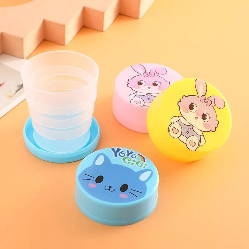 3 Pcs Folding Cup with Lid Portable Reusable Plastic Water Cup Cartoon Collapsible Mouthwash Cup Travel Outdoor Drinking Cup (Random colors)