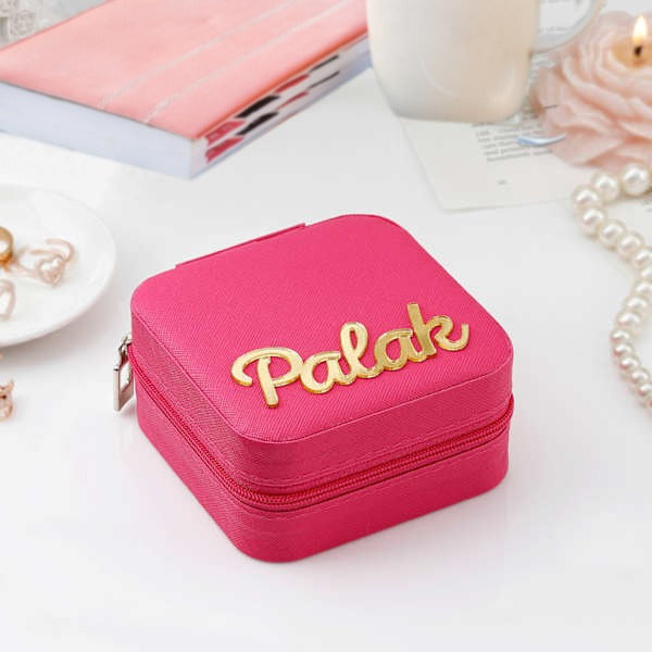 Customised Jewellery Box - Portable Mini Travel Jewellery Box - Acrylic Name - Dark Pink
