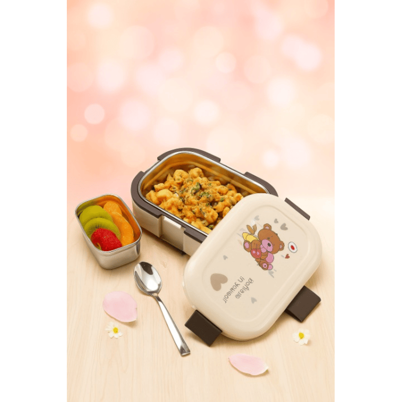 1-Compartment Bento Lunch Box with Spoon – Leakproof Stainless Steel (random design)