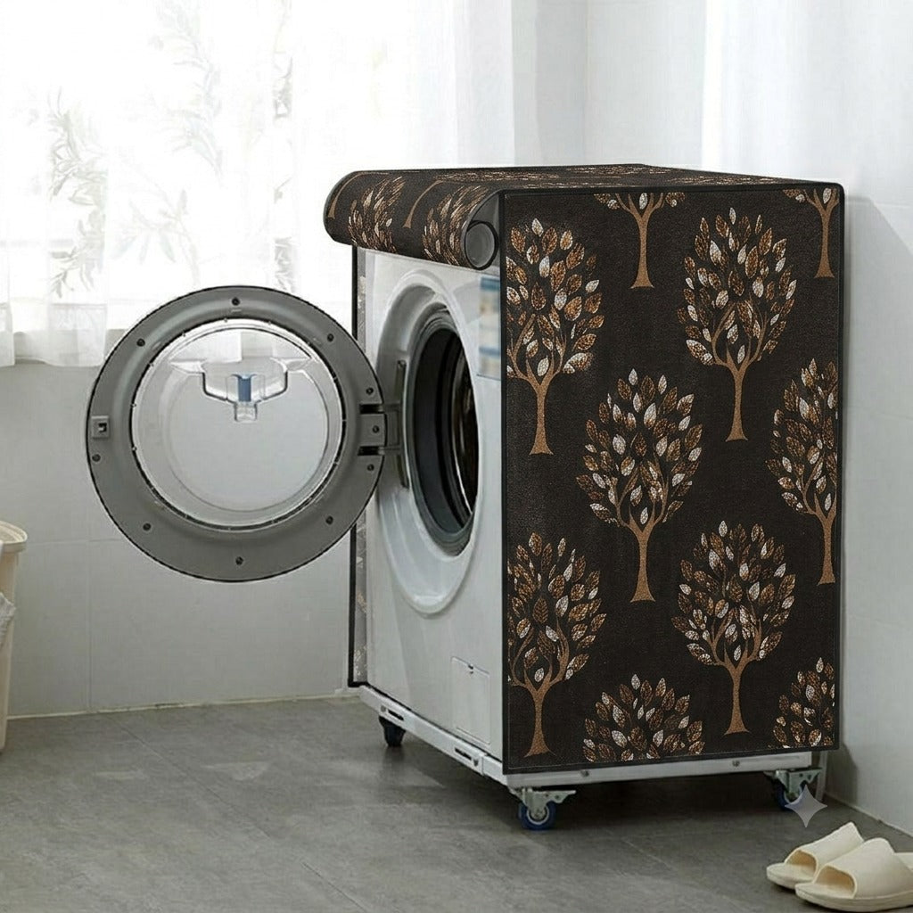Front Load Washing Machine Cover with Zipper | Dustproof Fully Covered Protective Cover | Brown Tree Print | Premium Polyester Fabric (Pack of 1)