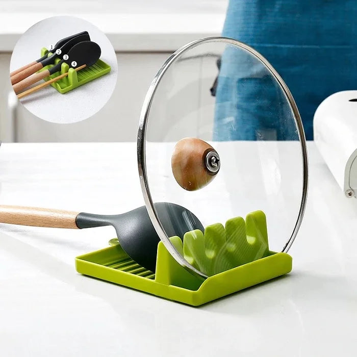 Plastic Oil Spill Spoon Resting Tray – 4 Slot Spoon Rest Mat Stand for Cooking, Spatula, Chopsticks, Ladles & Kitchen Utensils (Random Color-Pack of 1)