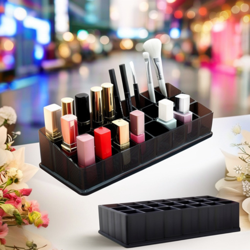 24 Cavity Black Lipstick Organizer – 24-Grid Plastic Holder Stand for Lipstick, Lip Gloss, Nail Polish & Cosmetics Storage