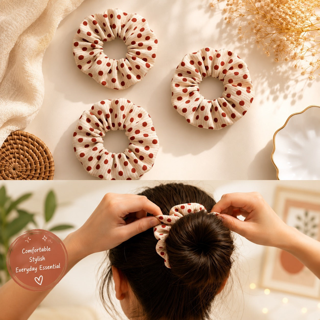 Polka Dot Printed Hair Scrunchie – Stylish & Soft Hair Accessory (Pack of 1)
