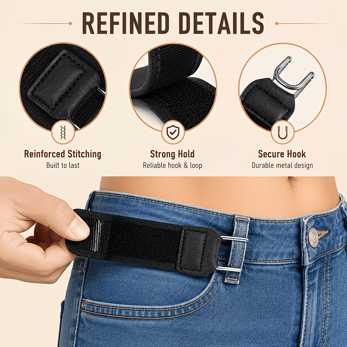 Adjustable Pants Waist Tightener Straps for Loose Jeans, Buckle Free Elastic Belt Clip Set with Metal Hooks, No-Sew Waistband Resizer Tightener for Pants, Jeans, and Skirts (Black Pack of 1)