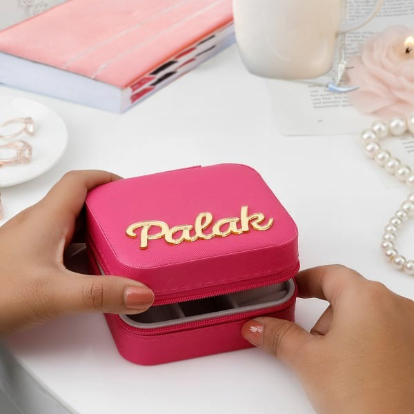 Customised Jewellery Box - Portable Mini Travel Jewellery Box - Acrylic Name - Dark Pink