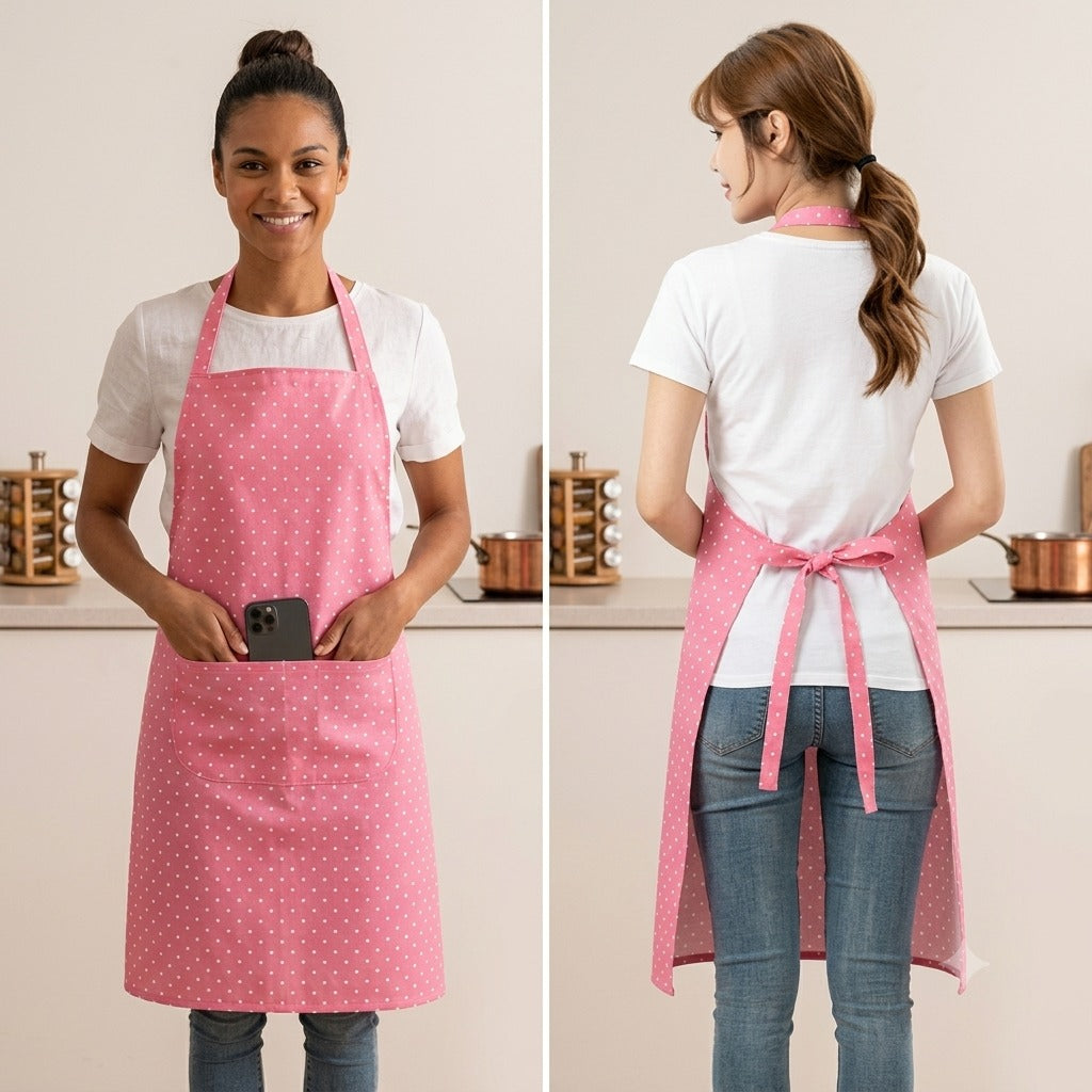 Adjustable Stylish Polka Dot Kitchen Apron with Front Pocket for Cooking & Baking