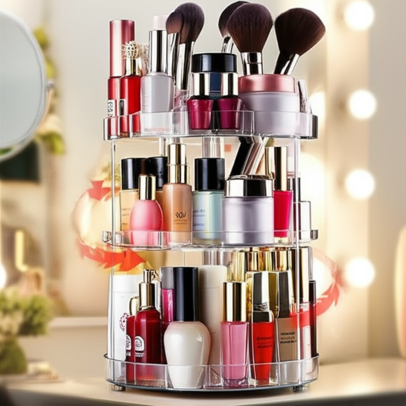 360° Rotating Adjustable Cosmetic Storage Organizer – Cylindrical Shape Plastic Makeup Rack (Pack of 1)