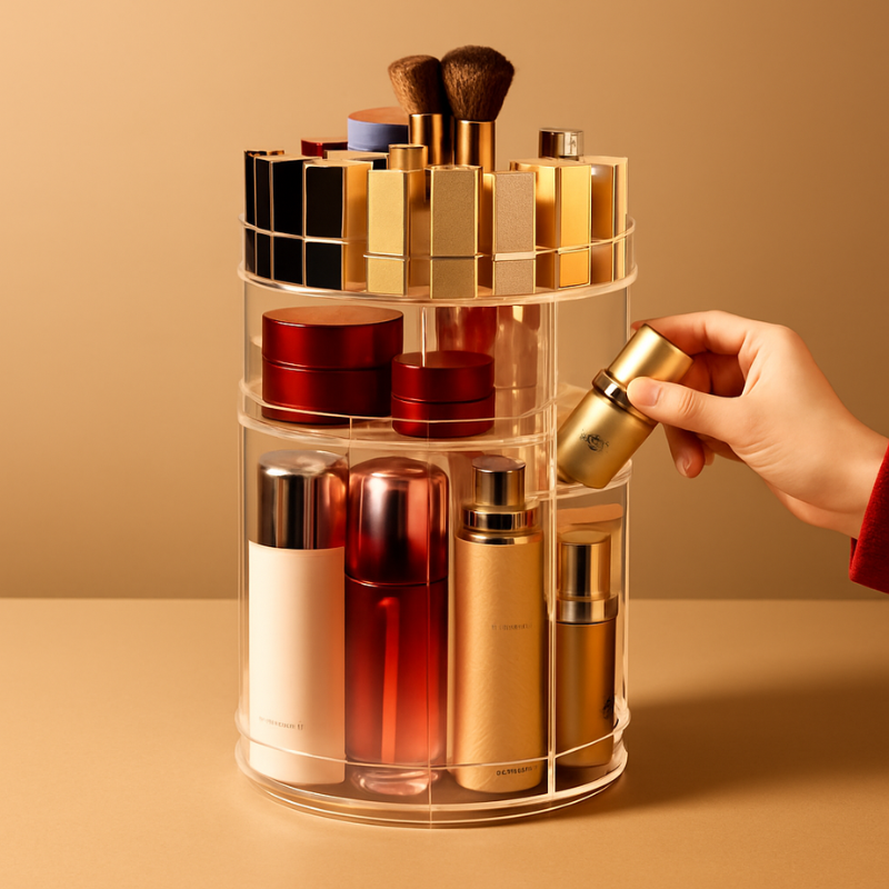 360° Rotating Adjustable Cosmetic Storage Organizer – Cylindrical Shape Plastic Makeup Rack (Pack of 1)