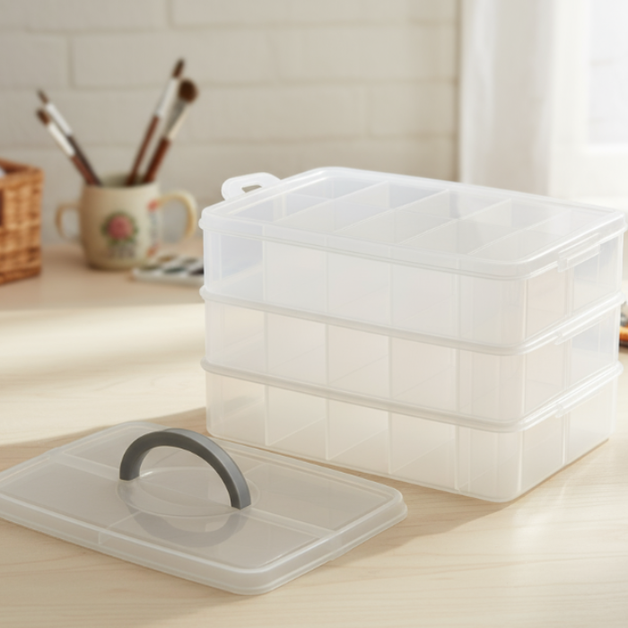 3 Layer – 30 Grid Storage Box | Transparent Plastic Organizer with Adjustable Compartments for Jewelry, Beads, Art & Craft Supplies (Random Color-Pack of 1)