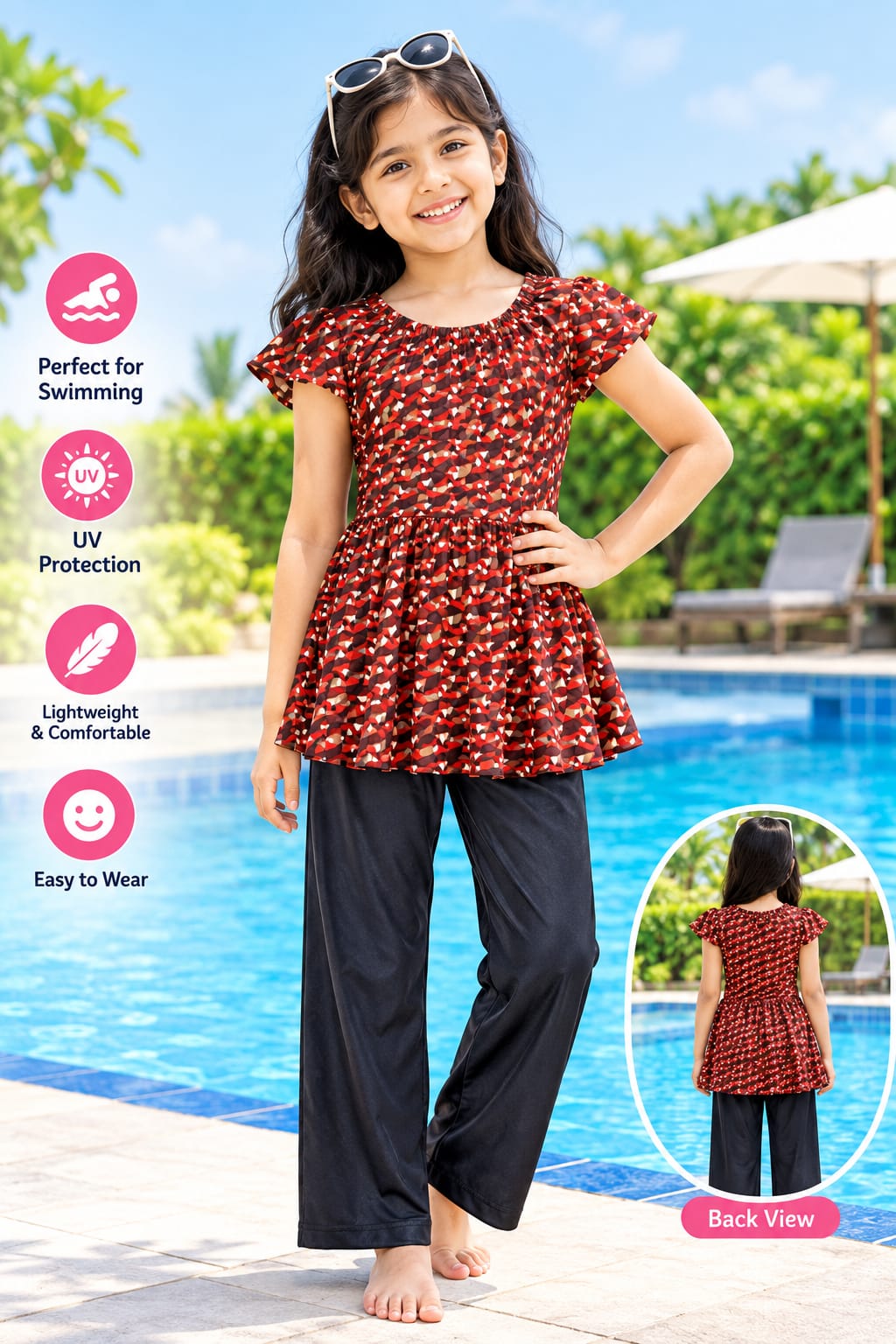 Girls Printed Swimwear Dress with Full-Length Pants | Comfortable One Piece Swimming Costum (Random Print And Color)