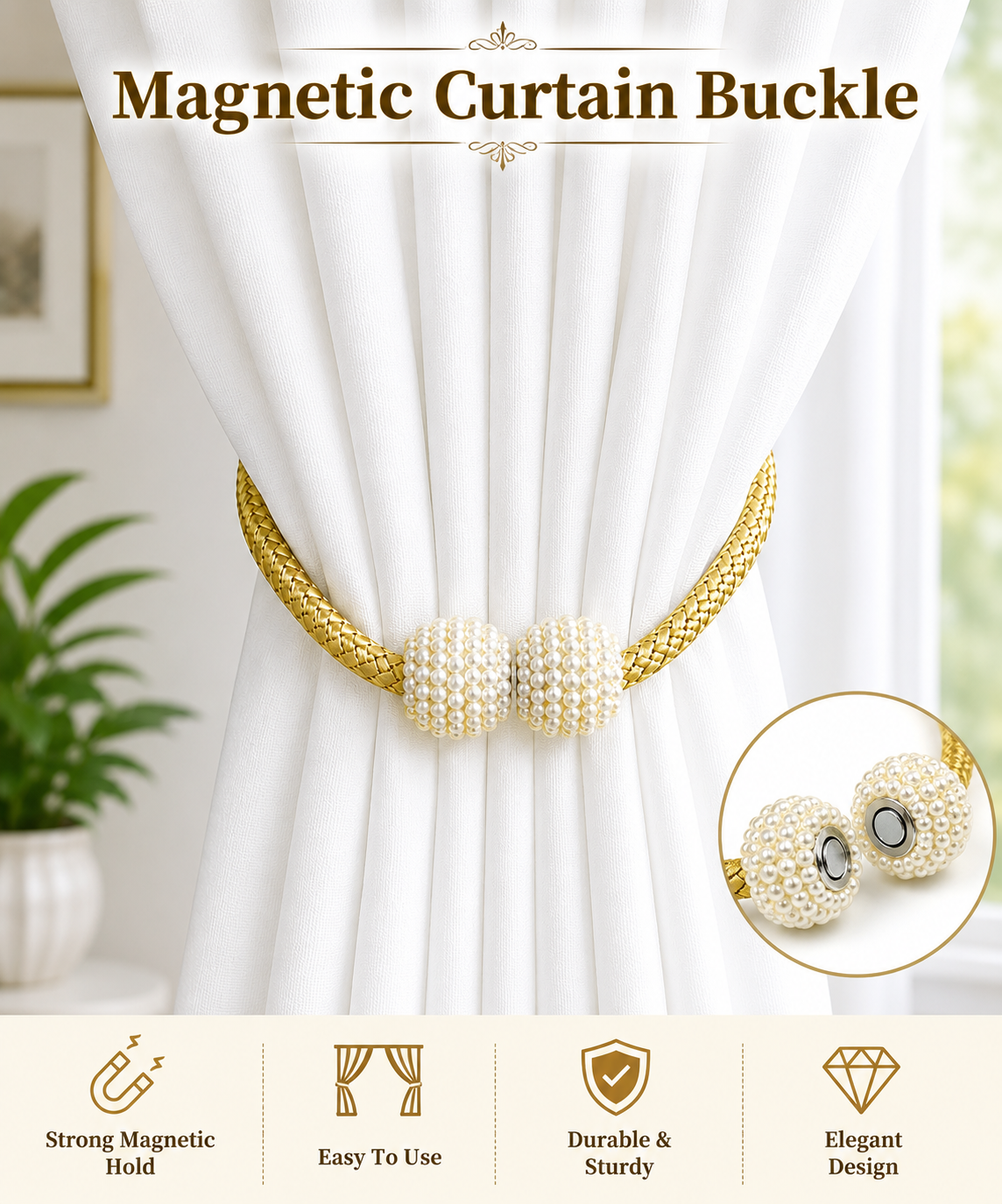 Magnetic Curtain Buckle – Gold Pearl Tieback (1 Pair Golden color)