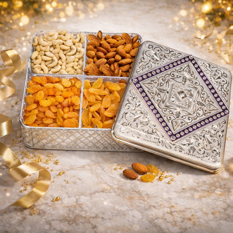 4 Compartment Acrylic Dry Fruit & Mukhwas Box – Chocolate, Snacks & Mouth Freshener Storage Container (Random Color-Pack of 1)