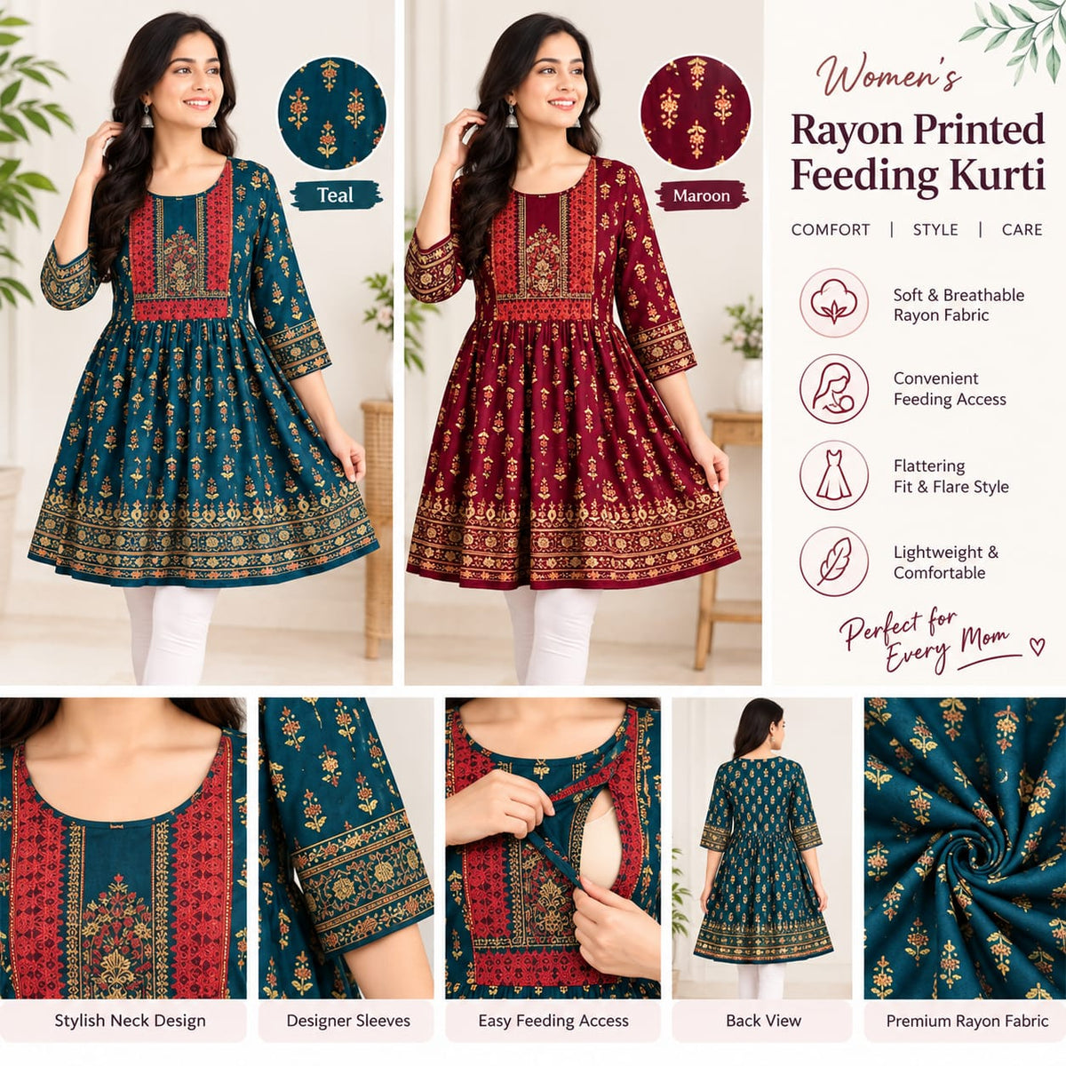 Women’s Rayon Printed Feeding Kurti – Random Colour