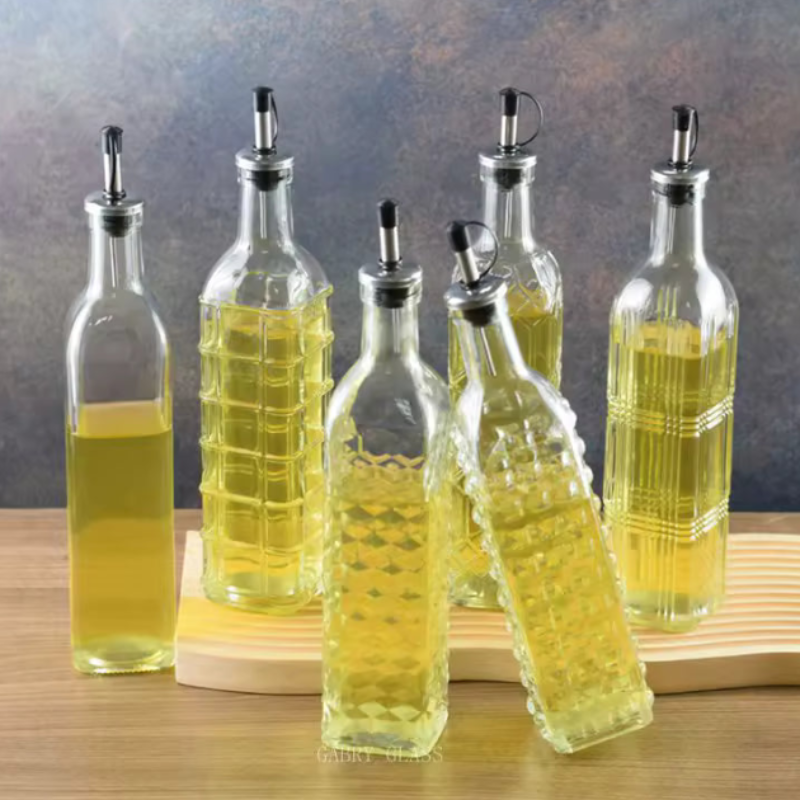 Glass Oil & Vinegar Dispenser – 500ml Square Bottle with Pourer, Random Design (Pack of 1)