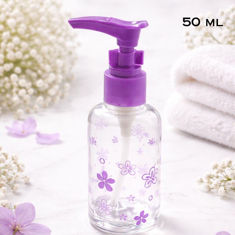 Refillable 50 ml Travel Bottles with Pump & Safety Lock – Leak-Proof Plastic Dispensers for Lotion, Soap, Shampoo & Serum (Random color-Pack of 1)
