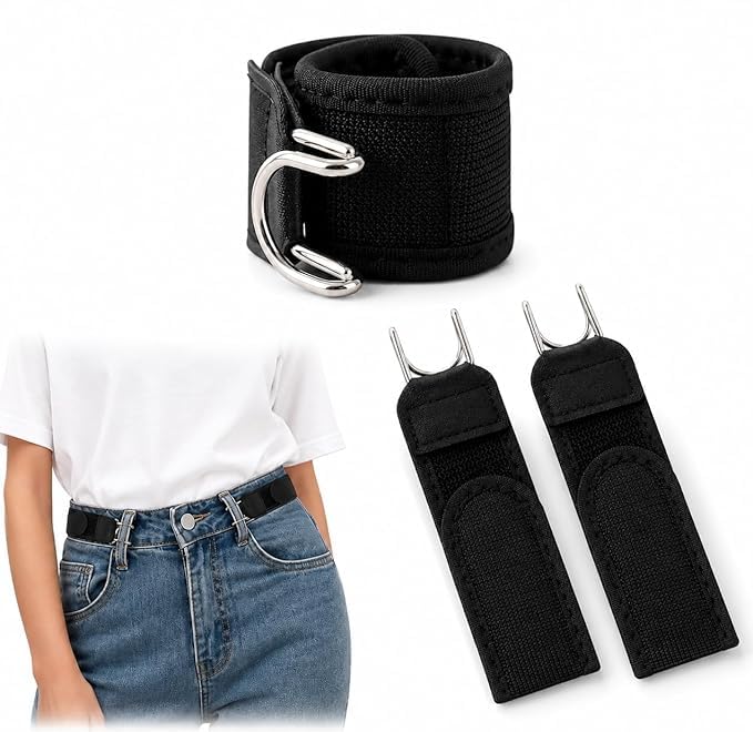 Adjustable Pants Waist Tightener Straps for Loose Jeans, Buckle Free Elastic Belt Clip Set with Metal Hooks, No-Sew Waistband Resizer Tightener for Pants, Jeans, and Skirts (Black Pack of 1)