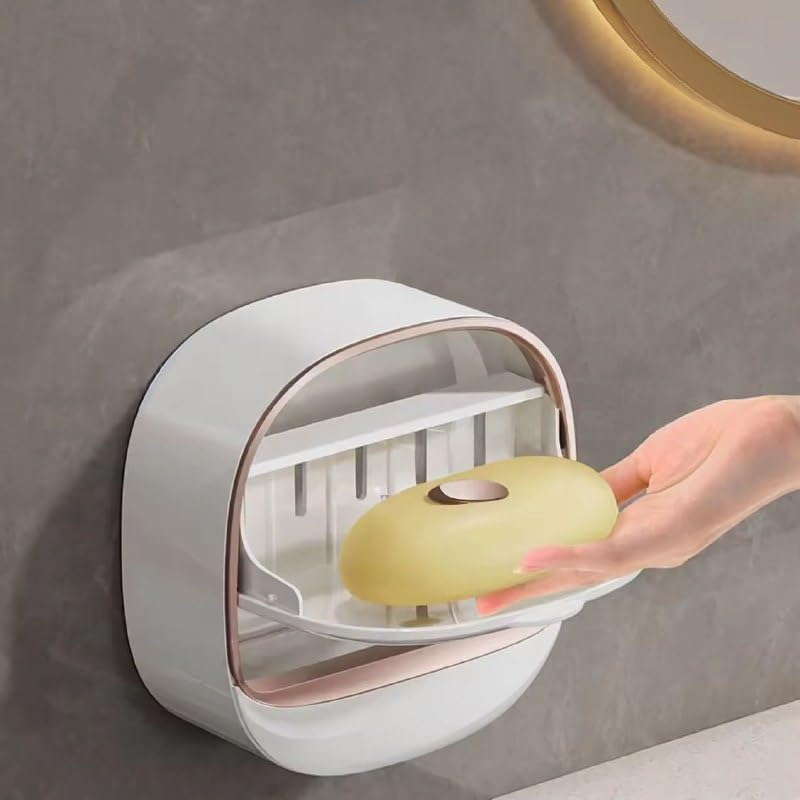 Wall Mounted Soap Holder with Lid | Self-Draining Soap Case for Bathroom & Kitchen | No Drilling Soap Dish with Dust-Proof Cover
