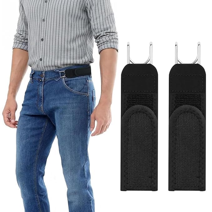 Adjustable Pants Waist Tightener Straps for Loose Jeans, Buckle Free Elastic Belt Clip Set with Metal Hooks, No-Sew Waistband Resizer Tightener for Pants, Jeans, and Skirts (Black Pack of 1)