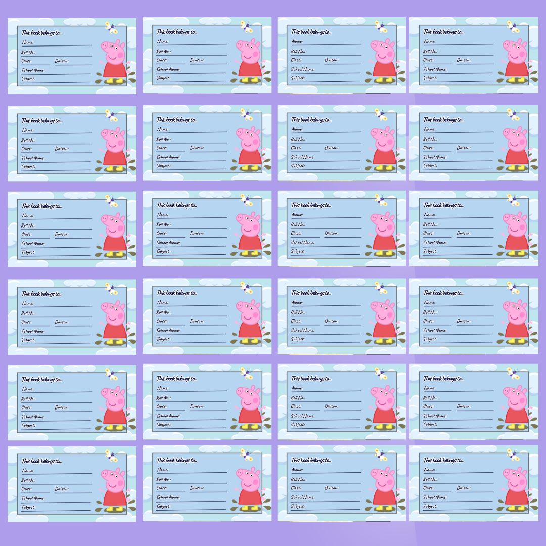 Customizable School Book Labels with Peppa Pig Cartoon Design (Pack of 24 Stickers)