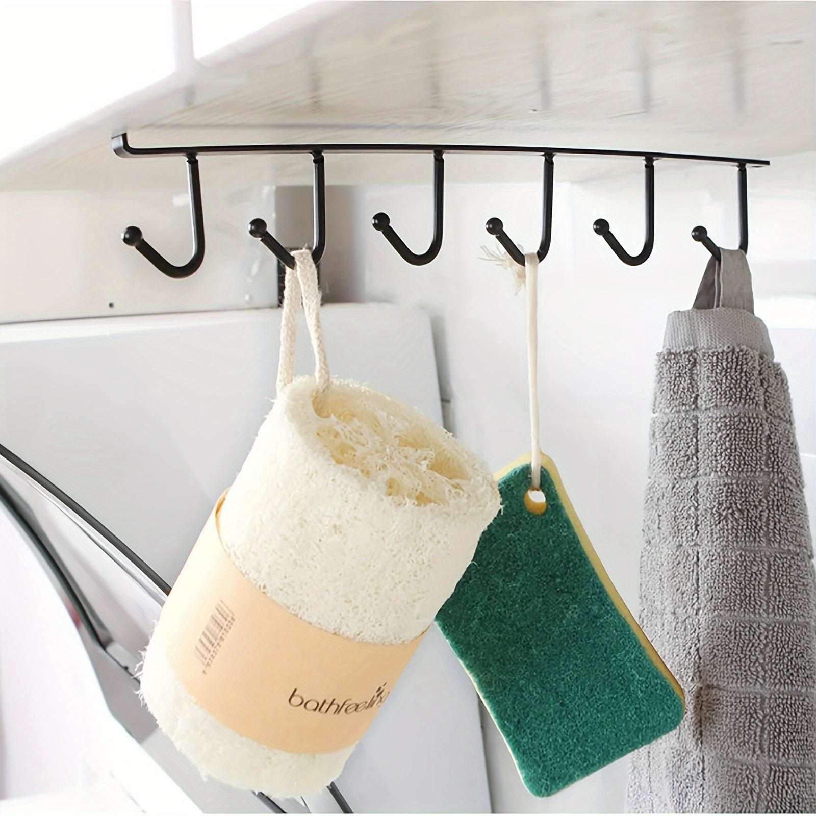 1 Pack Hanging Hooks Rack Under Cupboard Cabinet Cup Holder Coffee Mug Holder 6 Hooks Drilling Free Coffee Cups Holder Kitchen Utensil Storage Organizer Hook Rack