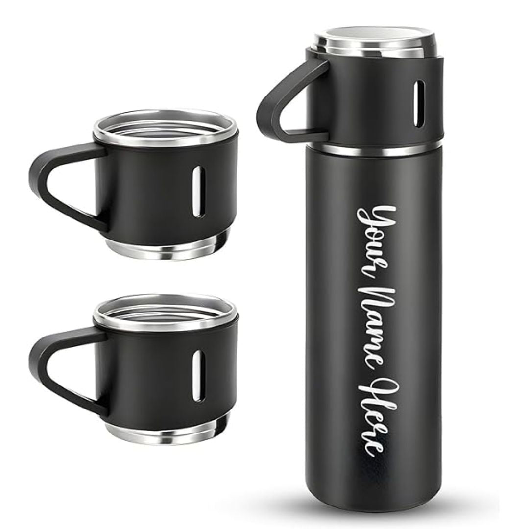 Personalized Double Wall Vacuum Insulated Flask Set – 500ml Stainless Steel Bottle with 2 Cups | Leak-Proof, Hot & Cold Thermos for Travel, Office & Gifting (Random Color)