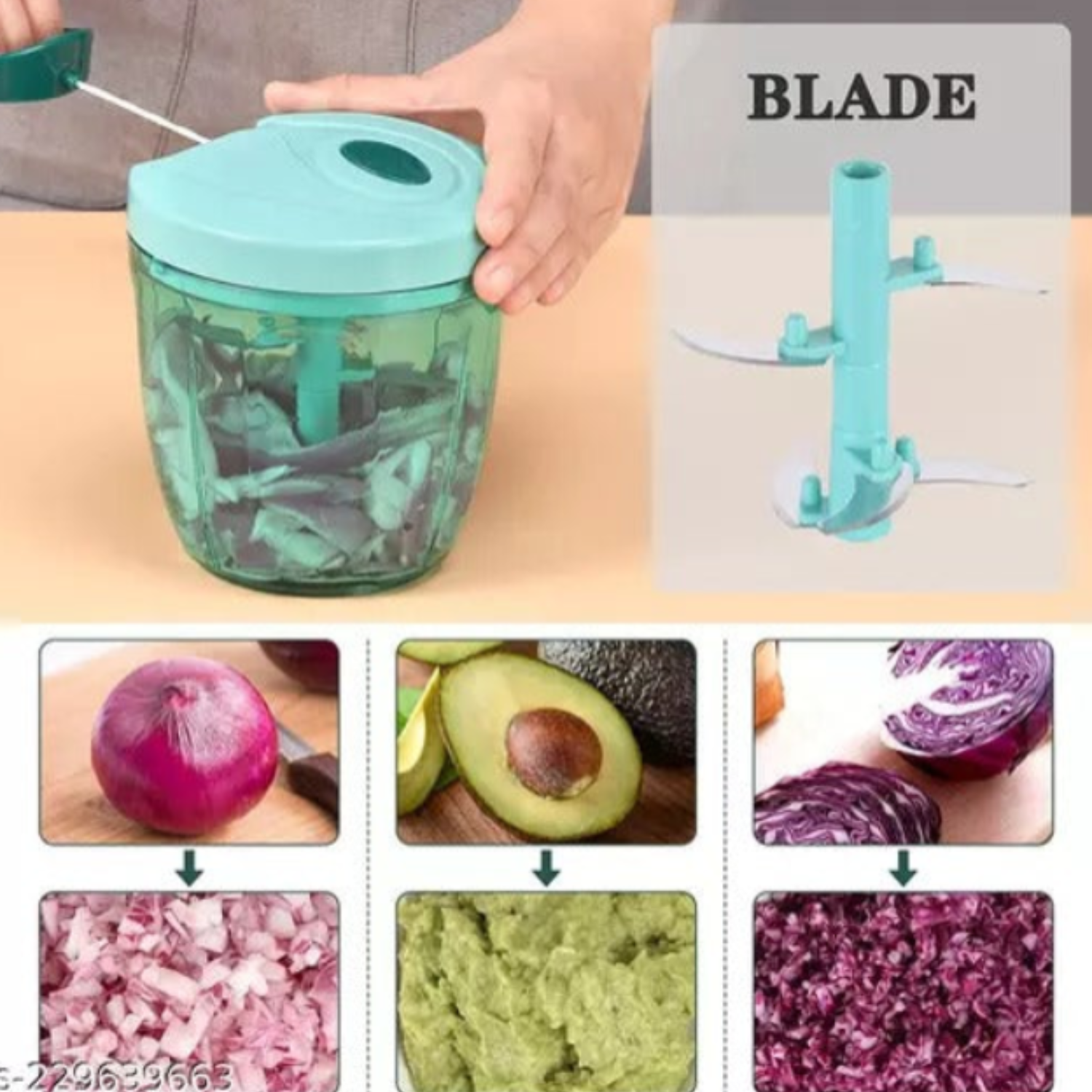 1000ml- 6-Blade Vegetable Chopper | 2-in-1 Multipurpose Food Chopper with Stainless Steel Blades & Anti-Slip Base (Random Color-Pack of 1)