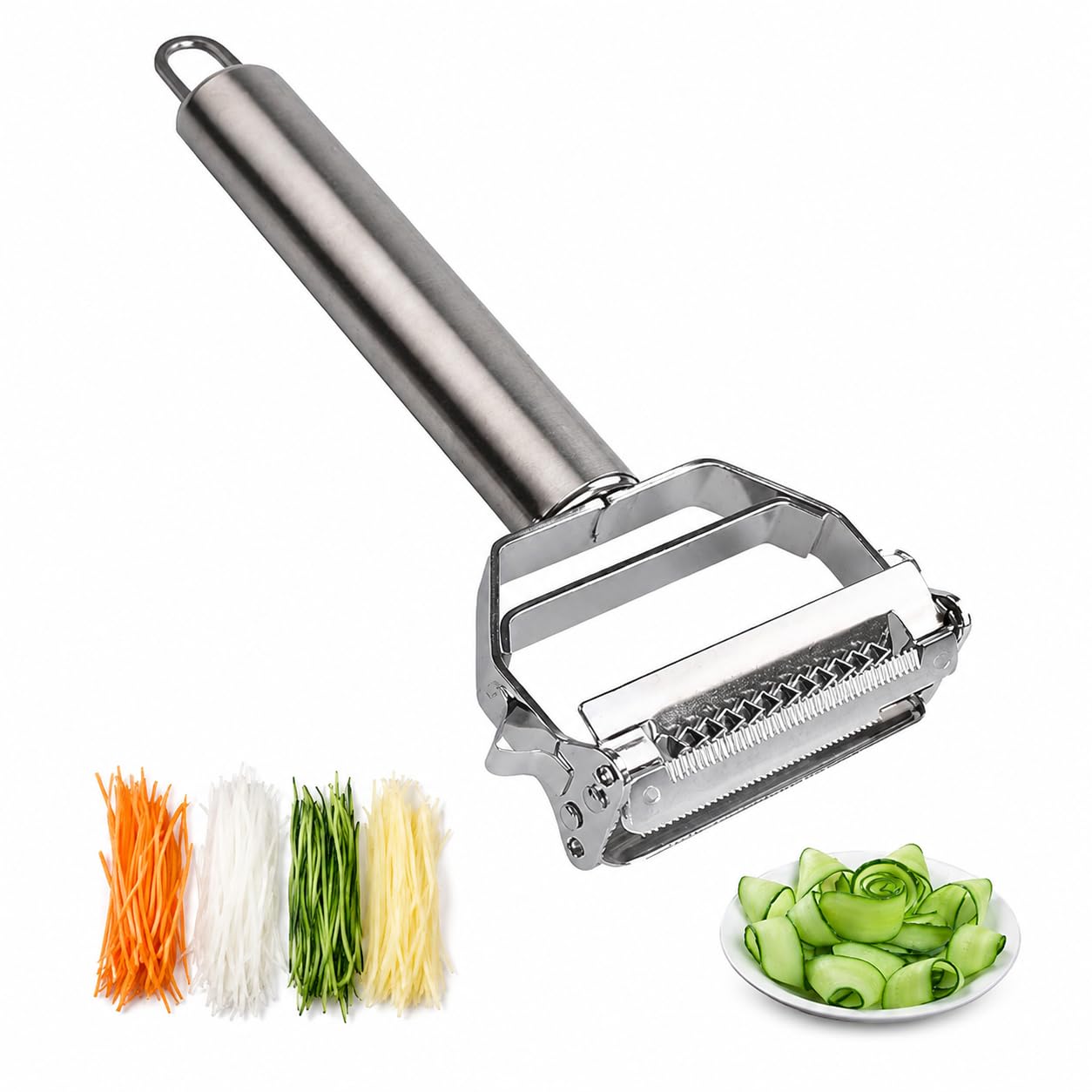 Stainless Steel 2 in 1 Julienne Vegetable Peeler & Slicer Multi-Functional Fruit & Vegetable Cutter Sharp Double Blade Peeler for Potato, Cucumber, Carrot, Melon & More Ergonomic Grip Silver