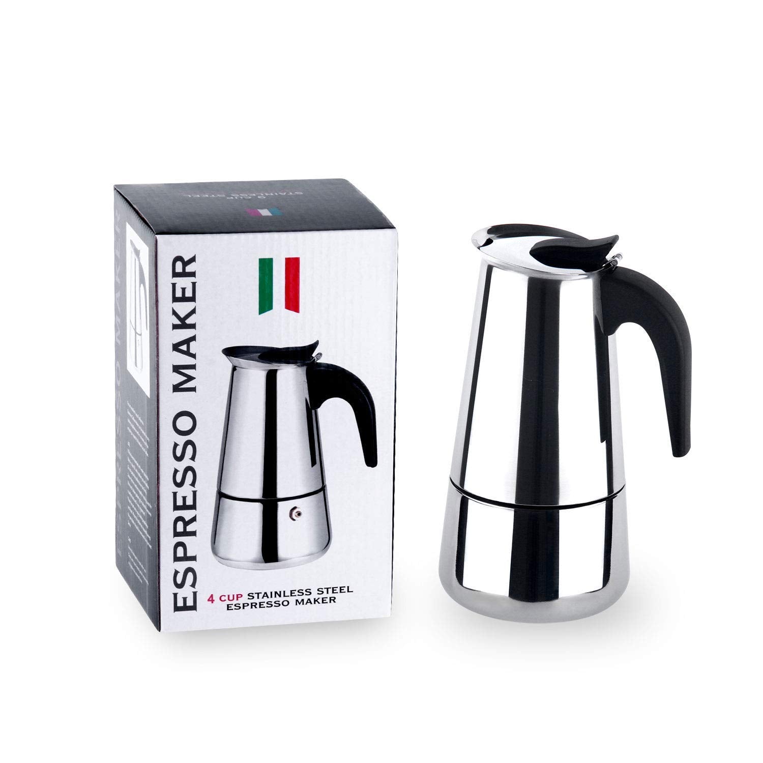 Espresso Maker - Moka Pot, 200ml (4 Cups) - Stainless Steel Italian Coffee Maker for Mocha, Cappuccino & Latte - Quick Brewing & Ergonomic Design