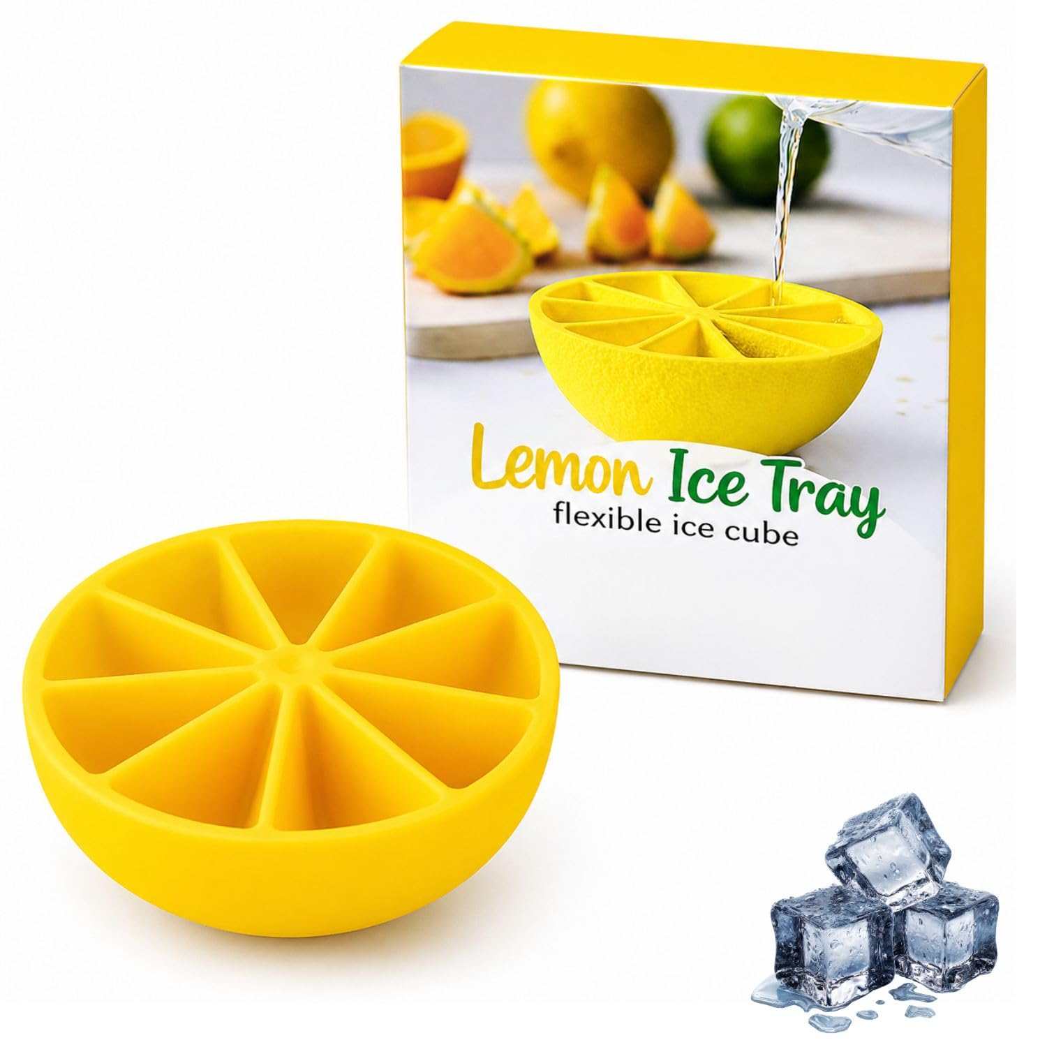 Silicone Lemon Shaped Ice Cube Tray, 10 Grid Ice Cube Mould Flexible Tray for Freezer, Chocolate Cake Maker, Ice Trays for Chilled Drinks, Reusable, Multicolour (Pack of 1)