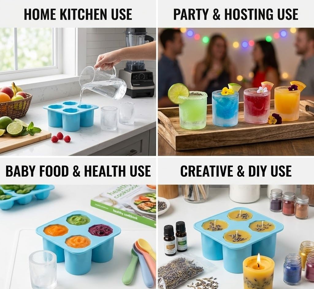 Silicone Ice Glass Mould 4 Cup Shape Tray,Reusable Flexible Shot Glass Ice Cube Maker for Juice Soda Cocktails Chocolate Dessert Mold Easy Release Freezer Safe Kitchen Use (Pack of 1)
