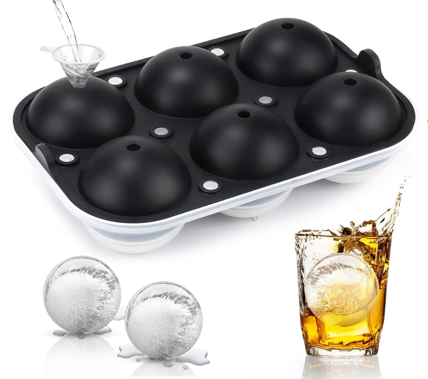 6-Cavity Large Ice Ball Mold Tray with Funnel | Round Sphere Ice Cube Maker | Reusable Food-Grade Ice Mold