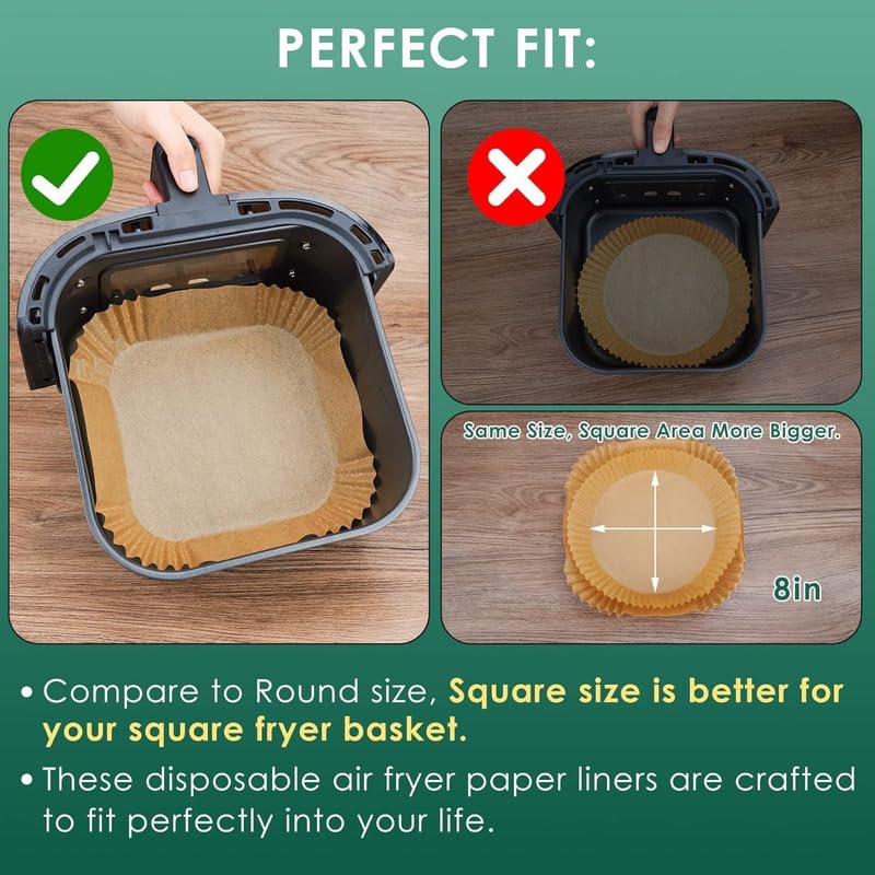 100Pcs Air Fryer Paper Sheets, Disposable Paper Liner for Microwave, Oil-Proof Air Fryer Parchment Paper for Frying, Baking, Cooking, Roasting and Microwave (Square 8 Inch Pack Of 1)