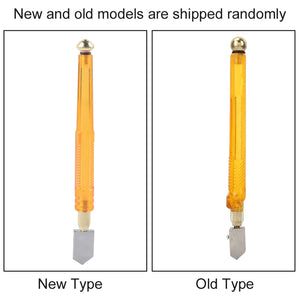 Two glass cutters are shown, labeled "New Type" and "Old Type," with slight design variations in their amber handles.glass cutter, new type, old type, cutting tool.