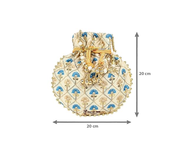 GoldGiftIdeas Cremon Floral Potli Bags with Beaded Handle, Potli Pouches for Housewarming, Return Gifts for Women, Traditional Party Favor Gift Bags