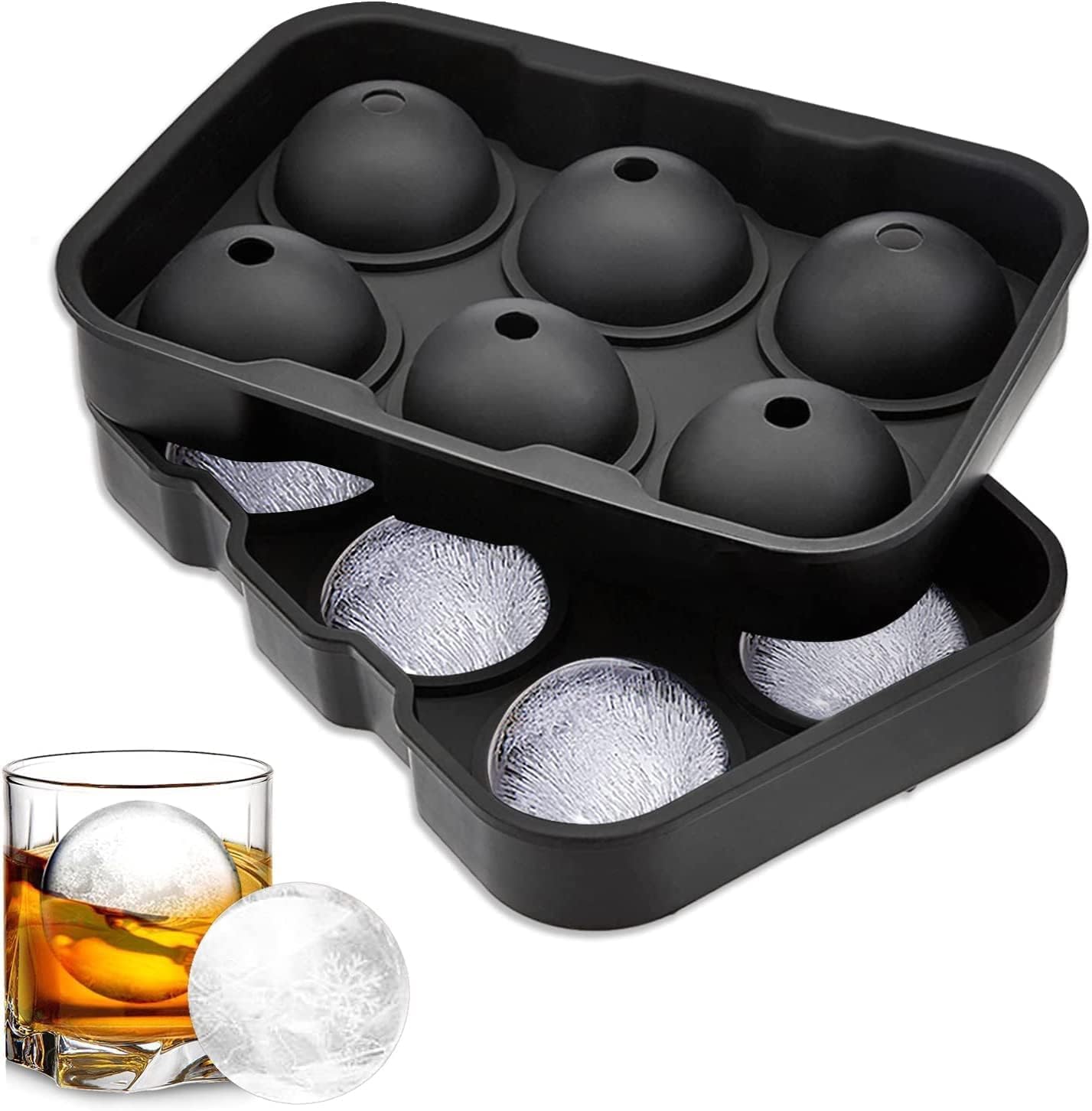 Silicone Ice Ball Maker Tray with Funnel & Lid – 6 Grid Round Ice Cube Mold for Whiskey, Cocktails & Cold Drinks (Black, 1 Pack)