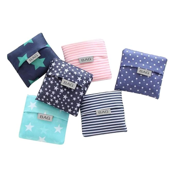 Reusable Shopping Bags Foldable Grocery Bags Eco-Friendly Shopper Tote Bag Folding into Attached Pouch (Random Print)