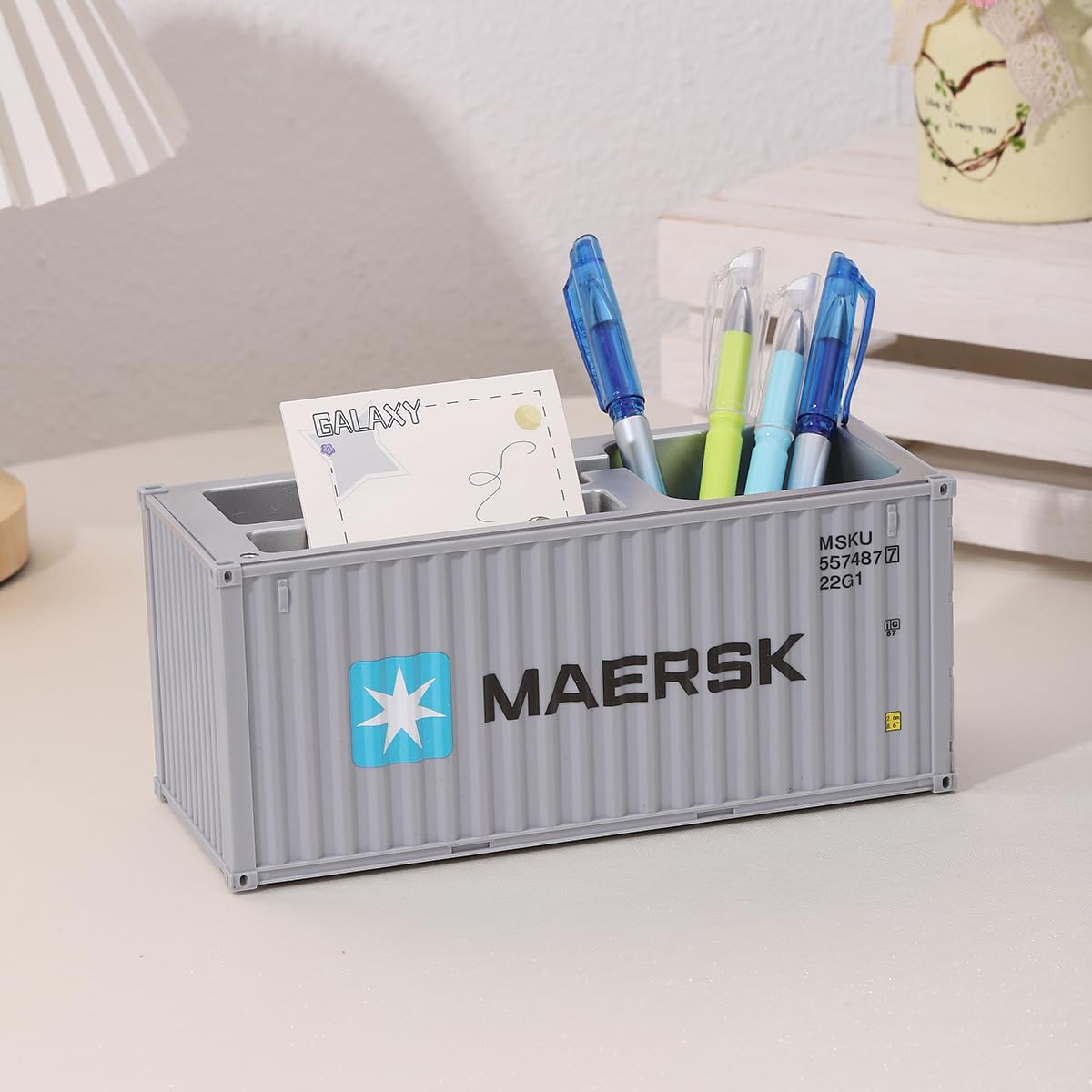 Desk Organizer Office Supplies Multi Function Shipping Container Style Storage Box Pen Pencil Business Card and Remote Control Holder for Office and Home (Gray Color Pack of 1 )