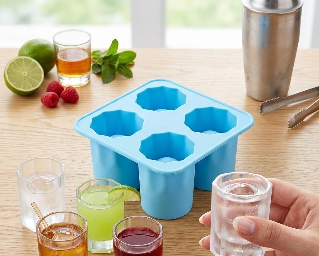 Silicone Ice Glass Mould 4 Cup Shape Tray,Reusable Flexible Shot Glass Ice Cube Maker for Juice Soda Cocktails Chocolate Dessert Mold Easy Release Freezer Safe Kitchen Use (Pack of 1)