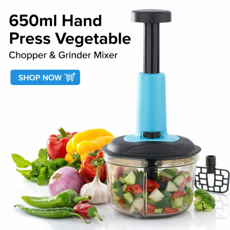 650ml Hand Press Vegetable Chopper & Grinder Mixer | Manual Food Processor with Blending Blade (Random Color-Pack of 1)