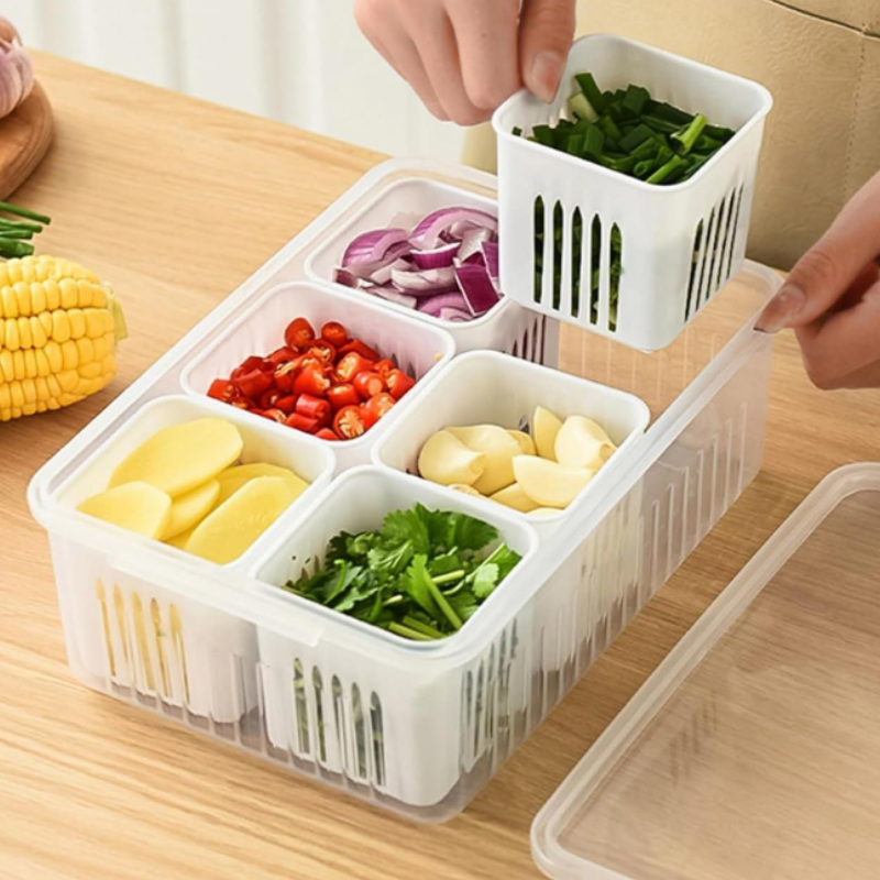 6 Compartment Fridge Storage Box – Plastic Freezer Container with Removable Dividers for Organized Food Storage