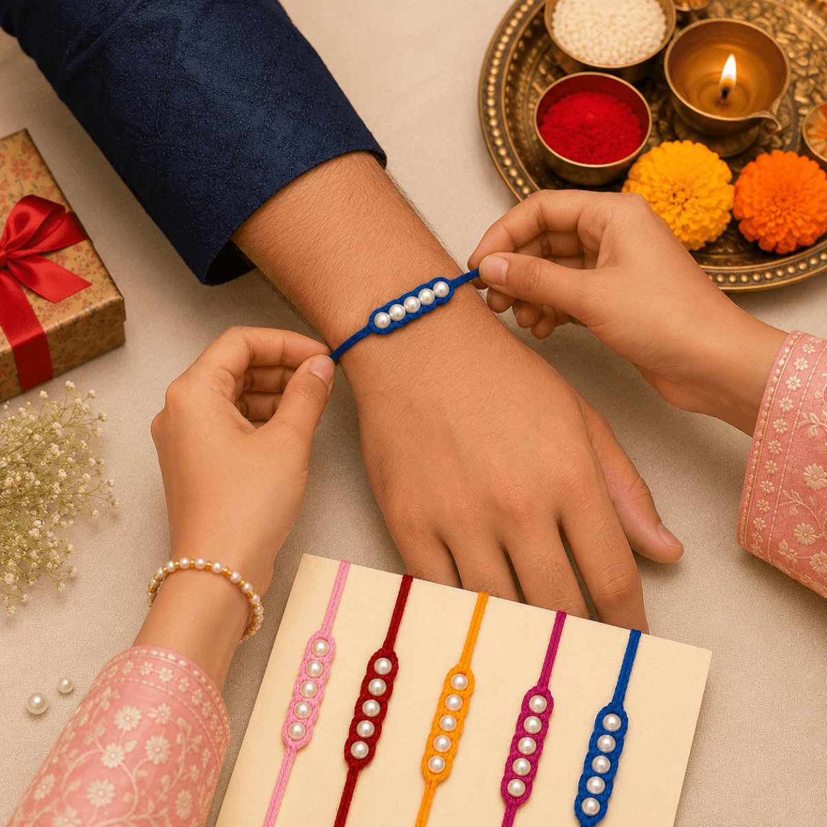 Handmade Crochet Rakhi with Pearl Beads | Soft Woolen Raksha Bandhan Thread with 5 Pearls (Random Color Pack of 1)
