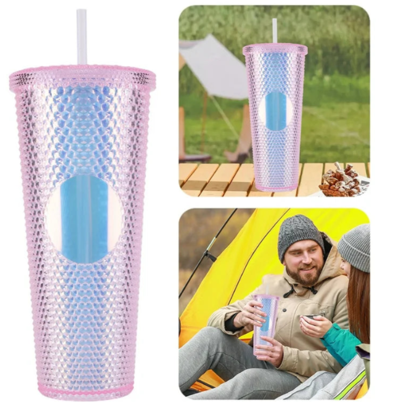 700ml Diamond Transparent Plastic Water Cup with Straw – Large Capacity Car & Travel Drink Bottle (Random Color) (Pack of 1)